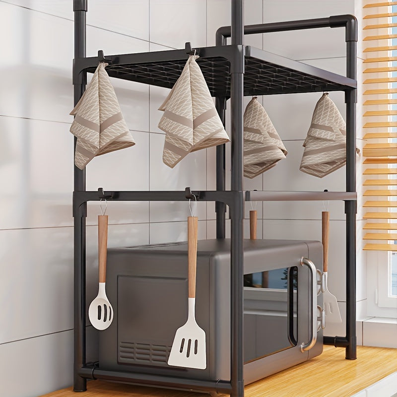 8-Hook Expandable Double-Layer Microwave Stove Rack - Multifunctional Kitchen Storage Organizer for Countertops and Cabinets - Space-Saving Plastic Rack with Adjustable Design for Kitchen Utensils and Accessories