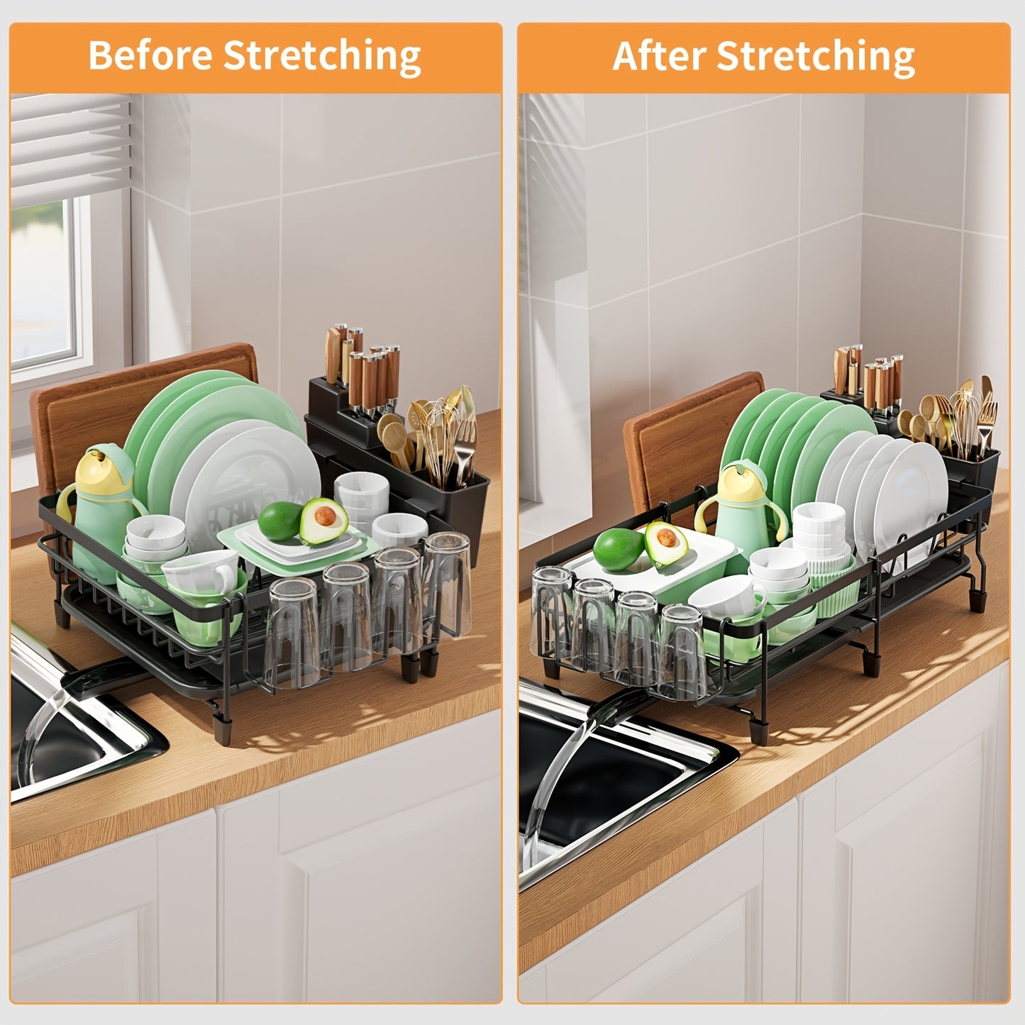 1pc Large Dish Drying Rack, Extendable Dish Rack, Multifunctional Dish Rack For Kitchen Counter, Anti-Rust Drying Dish Rack With Cutlery & Cup Holders, Home Kitchen Accessories