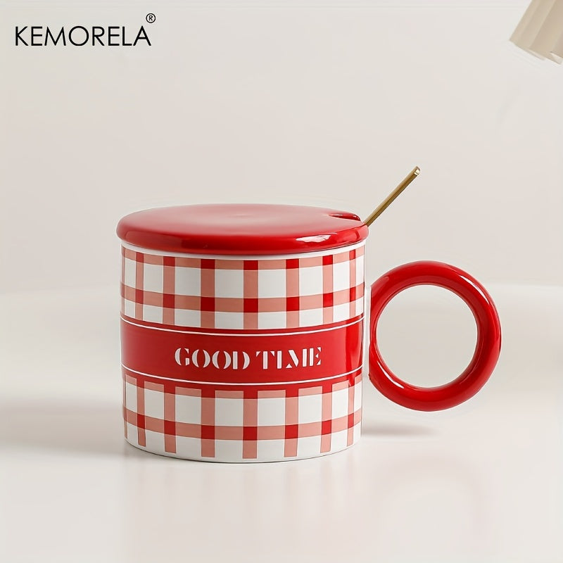KEMORELA Ceramic Coffee Mugs Set with Lids and Spoons, Houndstooth Pattern Reusable Round Cups, Microwave Safe, Machine Wash, Multipurpose Drinkware, Ideal for Christmas, Halloween, Thanksgiving, Valentine's, Father's Day Gif
