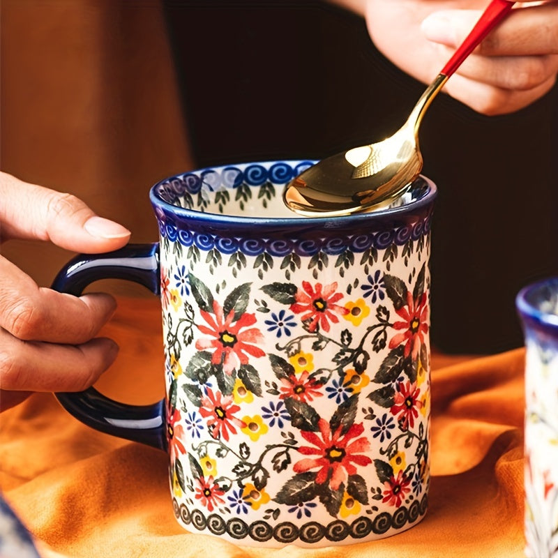Hand-Painted Floral Ceramic Coffee Mug with Handle - Microwave Safe, Insulated for Hot & Cold Drinks, Perfect for Summer & Winter Beverages, Ideal Gift for Christmas, Weddings, Birthdays, Valentine's Day