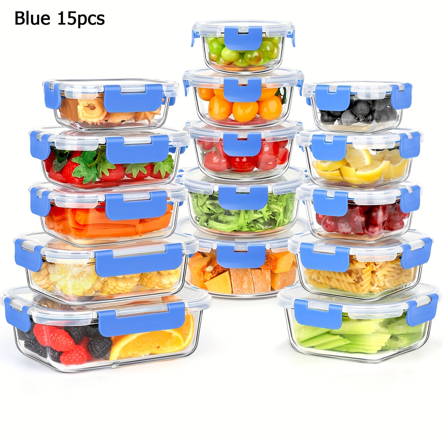 15pcs Glass Food Storage Containers with Snap Locking Lids Glass Meal Prep Containers Set - Airtight Lunch Containers, Microwave, Oven, Freezer and Dishwasher