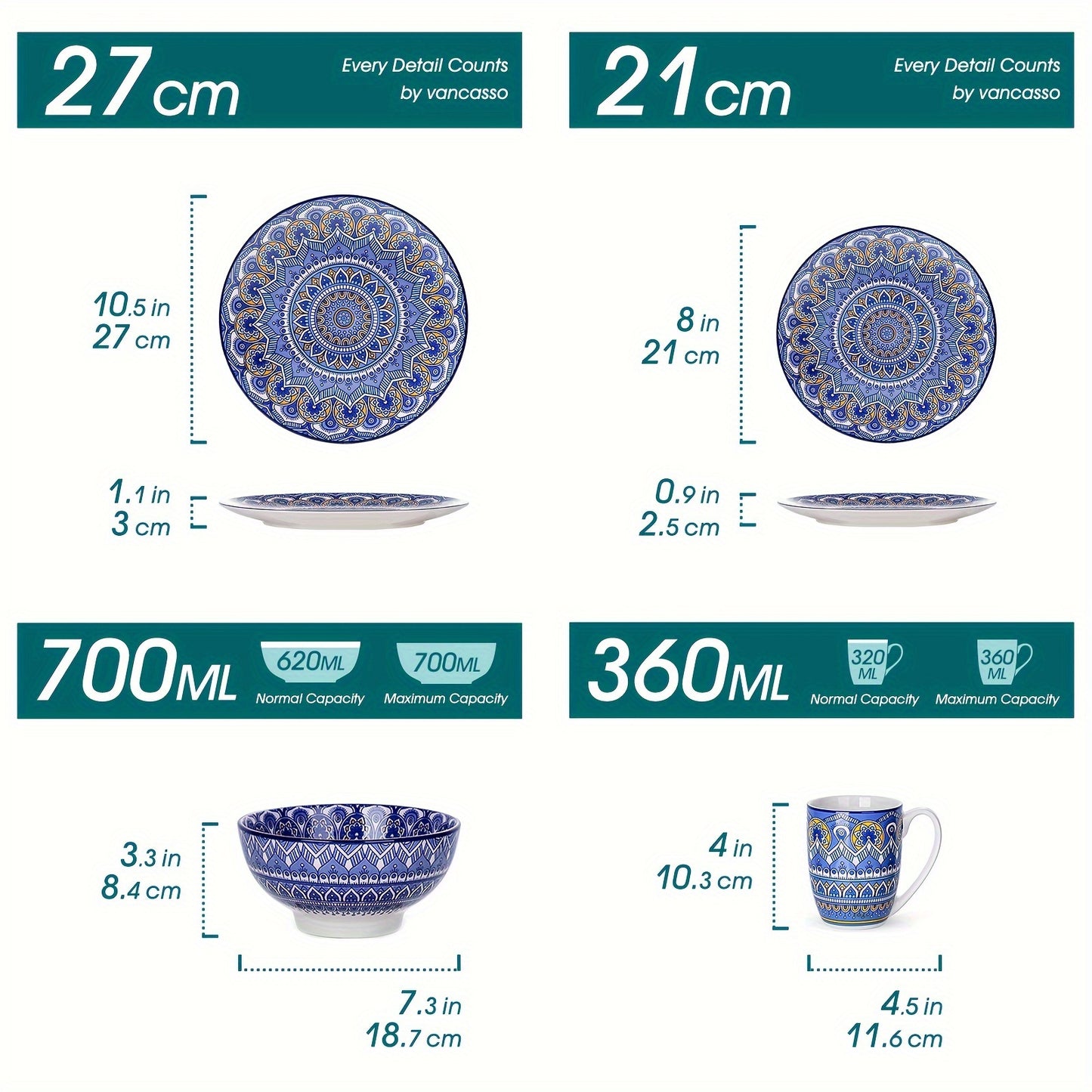 16-Piece Blue Boho Porcelain Dinnerware Set - Stylish Tableware for Home, Kitchen & Restaurant - Durable, Versatile, Serves 4 - Includes Plates, Bowls, & Cups - Microwave & Dishwasher Safe