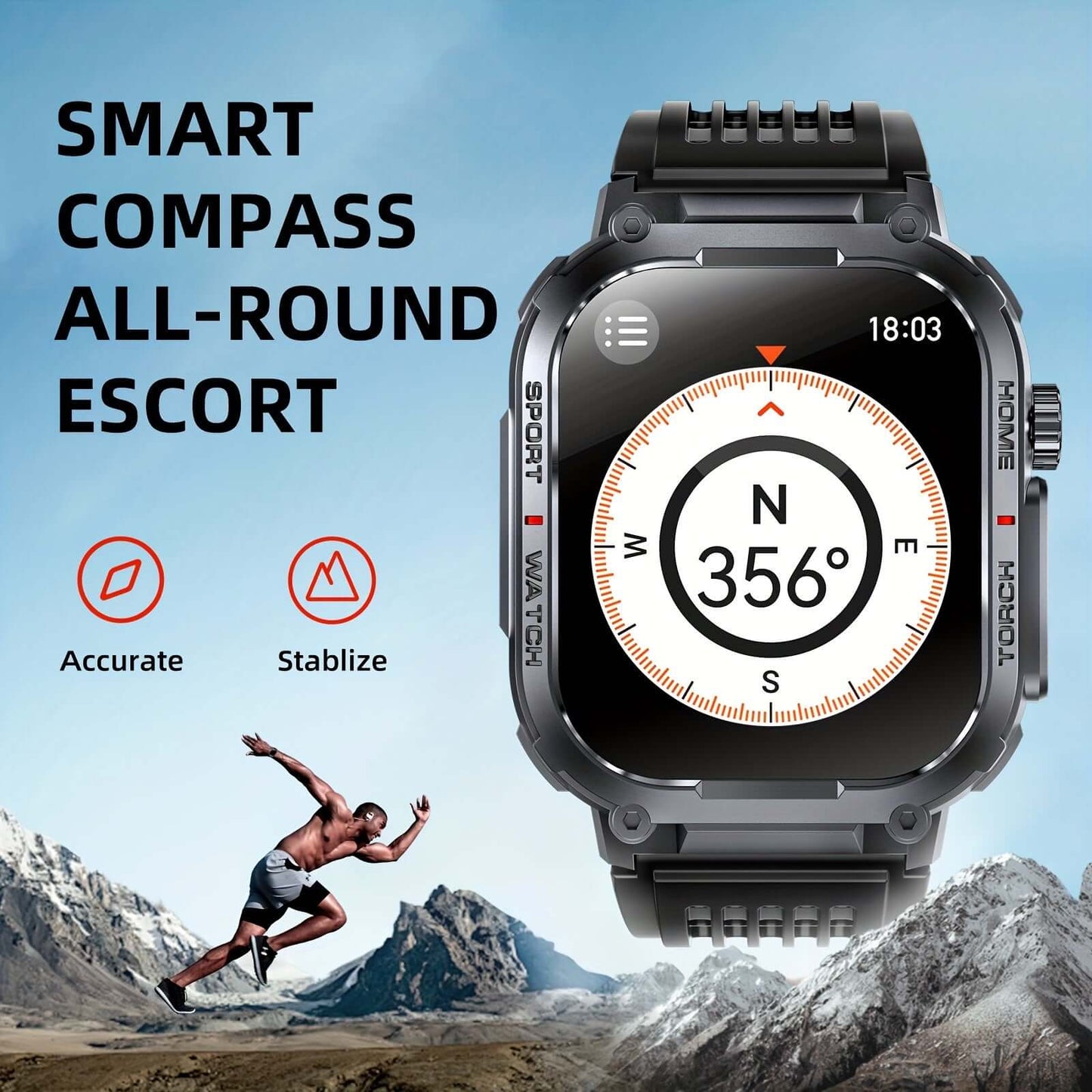 2.02" Smartwatch IP68 Waterproof for Men Women, Answer/Dial Calls Watch with LED Flashlight, Full Touch Screen Compatible with iPhone and Android Phones - Black