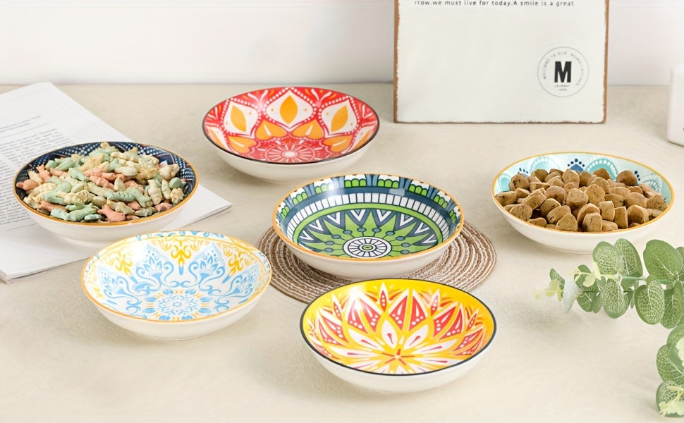 6pcs 5.5in Wide Shallow Cat Food Bowl Set -Ceramic - Colorful Cute Small Flat Kitten Feeding Dish - Microwave And Dishwasher Safe