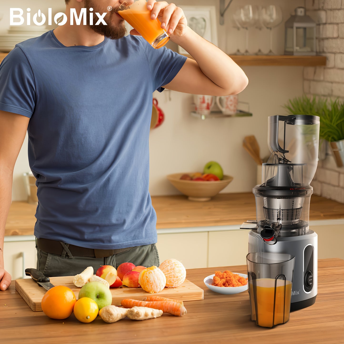 BPA FREE Wide Chute BioloMix Slow Masticating Juicer, Cold Press Juicer Blender Fit Whole Fruit and Vegetable