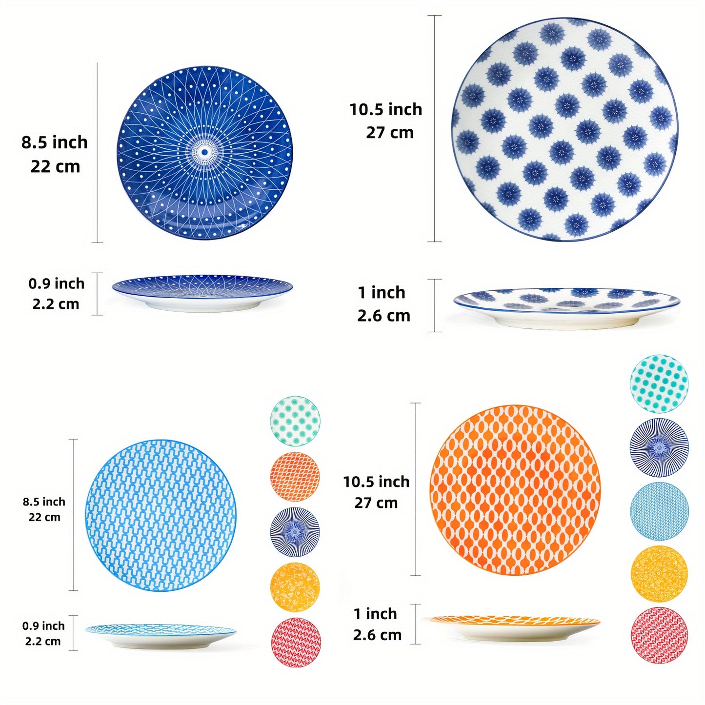 10.5 Inch Ceramic Dinner Plate 6pcs Set Set, Large Kitchen Ceramic Salad Tableware for Steak, Pancakes, Pizza, Pasta, Scratch Resistant, Microwave Oven Dishwasher Safe, Birthday New Year Couple Gift