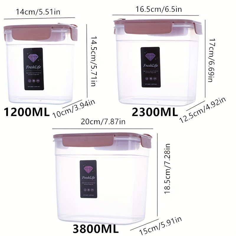 [Popular Choice] 3pcs Food Storage Container Set, Transparent Plastic Sealed Cans with Flip Lids, Microwave Safe, Reusable for Snacks, Dried Fruits & Grains - 0.32/0.61/1.0gal in Pink/Gray