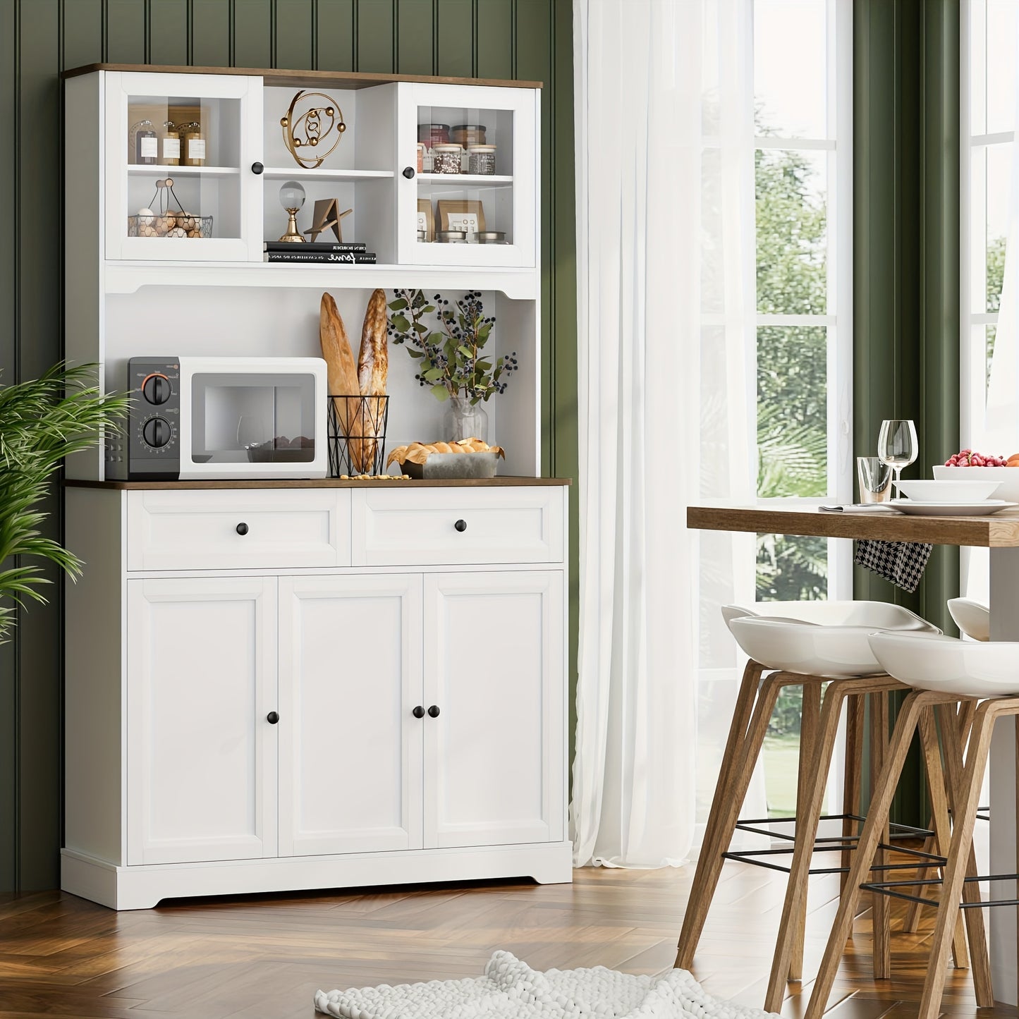 FULTRU Kitchen Pantry Storage Cabinet, Freestanding Hutch Cabinet with Buffet Cupboard, Utility Pantry with Microwave Stand, Tall Kitchen Cabinets with Adjustable Shelves for Kitchen