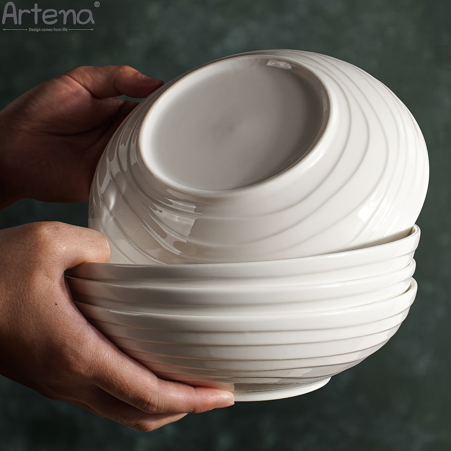 Large Ceramic 4pcs Artena Pasta Bowls - 32oz/35oz, 7.9''/8'' Embossed Soup Bowls - White Serving Bowls for Entertaining, Microwave Dishwasher Oven Safe