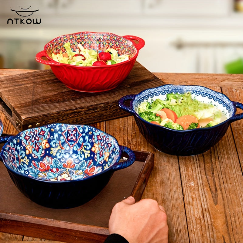 1pc 9.5 "Underglaze Color Bohemia Polish Color Double Ear Soup Bowl, Embossed Soup Bowl, Noodle Bowl, Microwave Safe, For Home Kitchen Restaurant Hotel, Kitchen Supplies, Tableware Accessories
