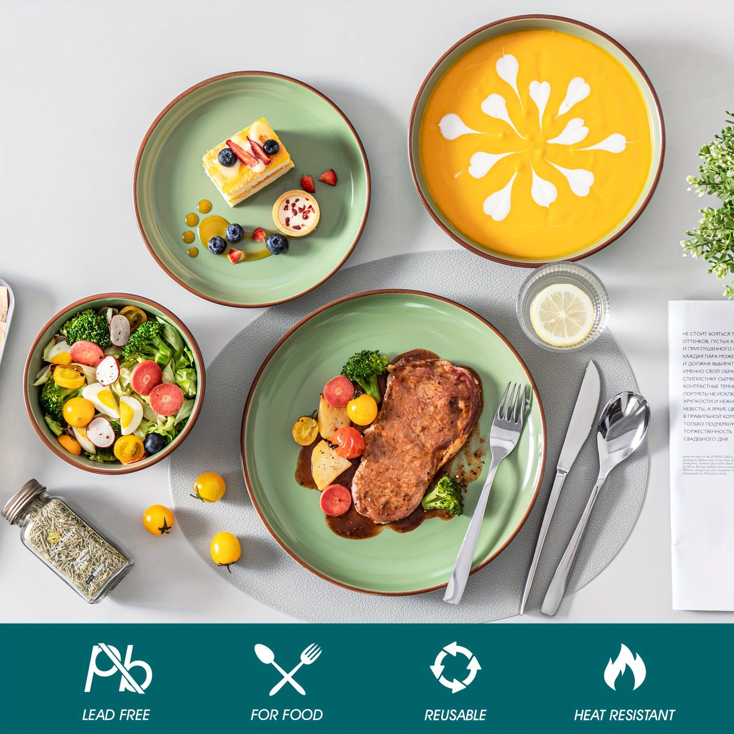 16-Piece Premium Stoneware Dinnerware Set - Smooth, Scratch-Resistant & Durable - Invigorating Green for 4 - Microwave & Dishwasher Safe