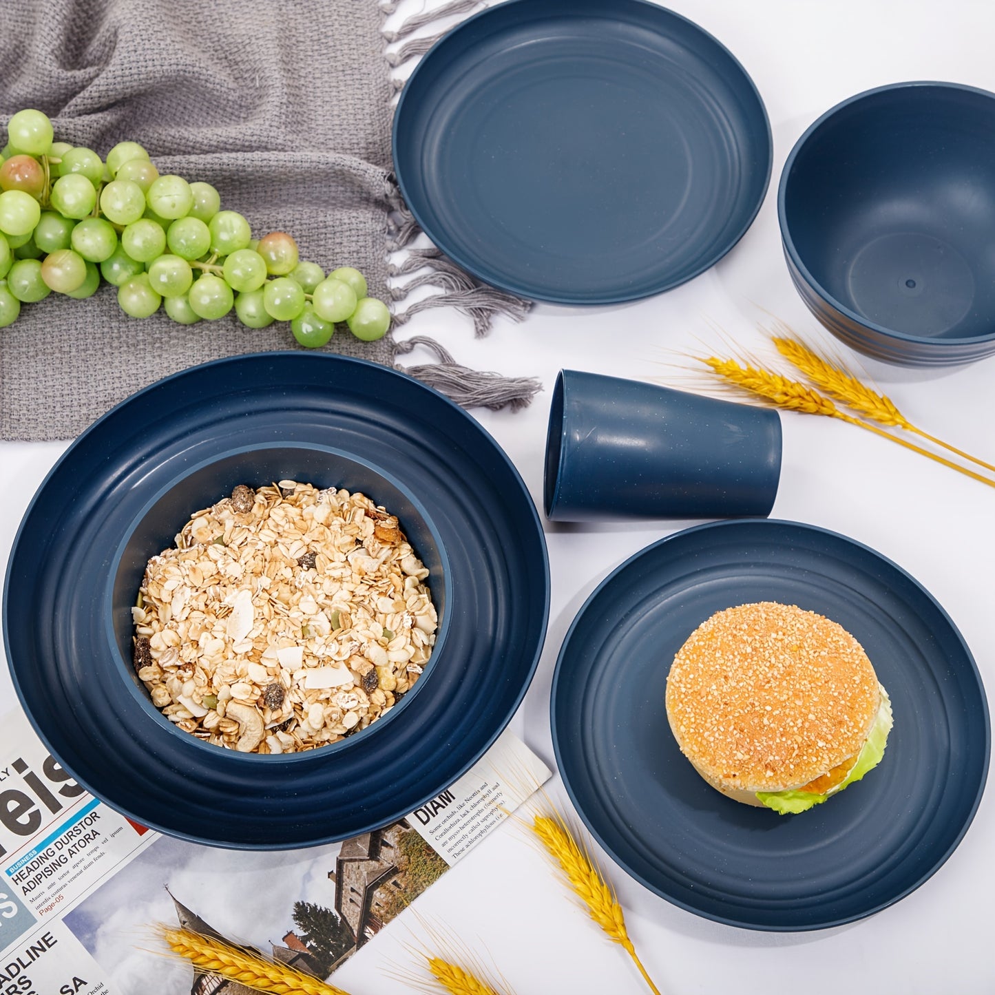 32pcs Wheat Straw Dinnerware Sets, Dinnerware Sets For 8, Plates And Bowls Sets, Reusable Dinnerware Set, Microwave Dishwasher Safe, Blue Plastic Dinnerware Sets Include 16pcs Plates, 8pcs Bowls, 8pcs Cups