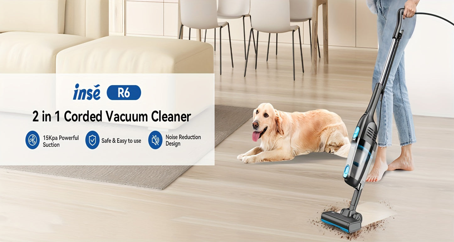 INSE R6 Corded Vacuum Cleaner, 15KPa Powerful Suction with 600W Motor Stick Vacuum, Ultra-Lightweight Bagless Upright Vacuum with Handheld for Home Hard Floor Carpet Pet Hair Car Cleaning
