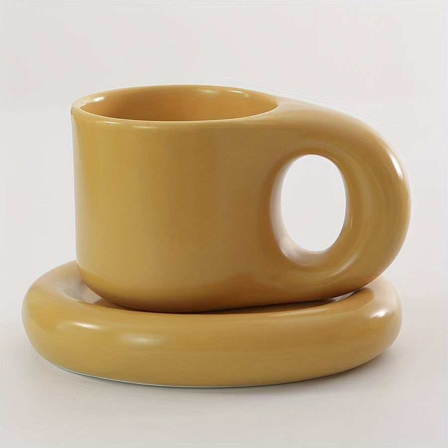 1set Chubby Mug Saucer Set - Creative, Cute, Fat Handle, 10 Oz, Dishwasher and Microwave Safe, Perfect for Latte, Tea, Milk, Halloween Gift, Birthday Gift, Aesthetic Room Decor, Art Supplies, Summer and Winter Drinkware
