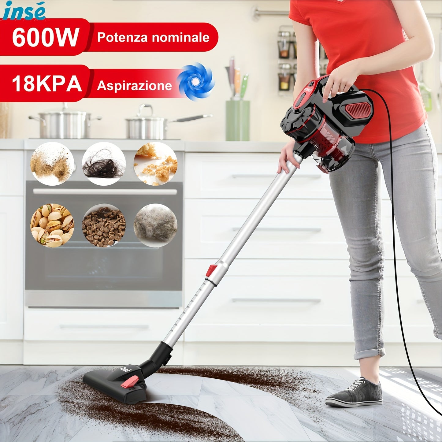 INSE Corded Stick Vacuum Cleaner - 600W Powerhouse with 18000Pa Super Suction - Pet Hair Eraser & Hard Floor Whisper Clean