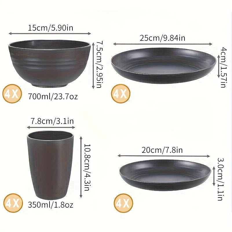 A 32pcs Gray Wheat Dinnerware Set, Durable Black Design, Safe for Microwave And Dishwasher. Includes 16 Plates, 8 Bowls, And 8 Cups, Suitable for Indoor And Outdoor Camping And Picnics.