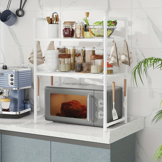 8-Hook Expandable Double-Layer Microwave Stove Rack - Multifunctional Kitchen Storage Organizer for Countertops and Cabinets - Space-Saving Plastic Rack with Adjustable Design for Kitchen Utensils and Accessories