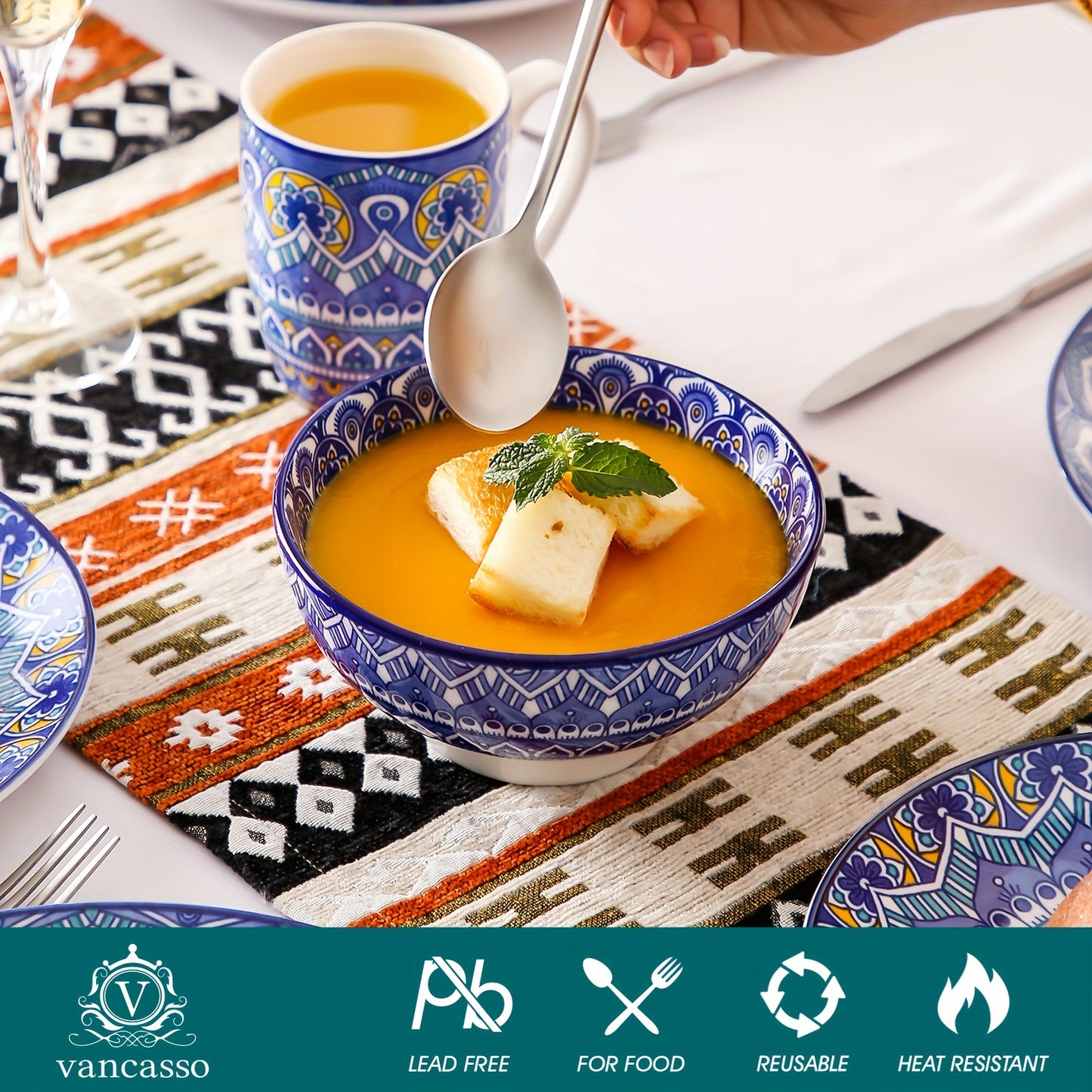 16-Piece Blue Boho Porcelain Dinnerware Set - Stylish Tableware for Home, Kitchen & Restaurant - Durable, Versatile, Serves 4 - Includes Plates, Bowls, & Cups - Microwave & Dishwasher Safe