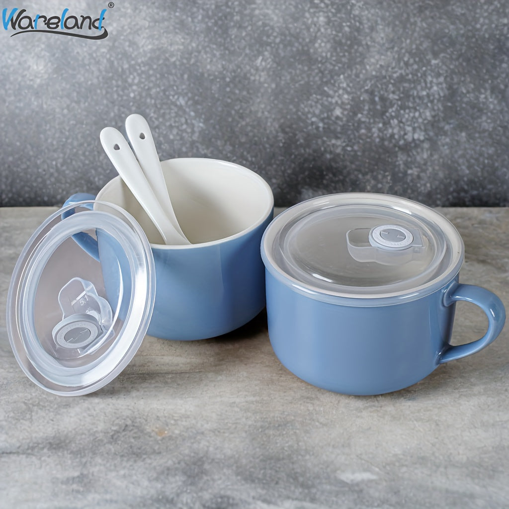 6pcs Ceramic Soup Bowls with Handles & Spoons, 30oz Large Ramen Bowls with Lids, Microwave Safe Noodle Bowls, Big Cereal Bowls for Oatmeal, Salad, Soup -Ideal Gift for Father's Day, Housewarming
