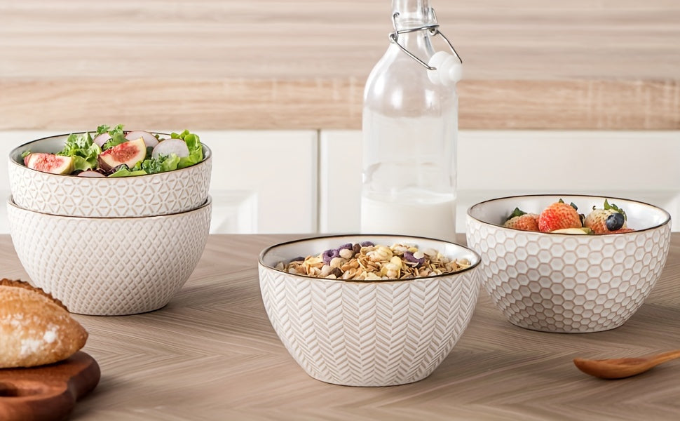 Gooditour Ceramic Cereal Bowls Set - 26 Oz Embossed Soup Bowl - 6 Inch Stoneware Kitchen Bowl for Oatmeal Salad Dessert Rice - Microwave Dishwasher Oven Safe - Set of 4 - White