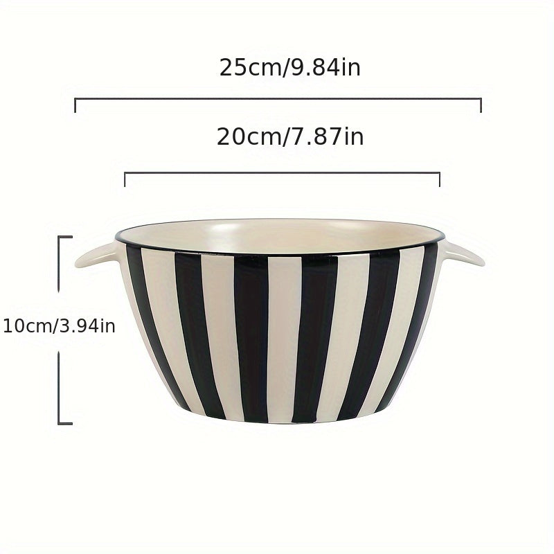 Vintage Black & White Striped Ceramic Dinnerware Set - Deep Plate, Noodle Bowl, Straw Hat Design - Premium Textured Tableware For Home, Kitchen, Salad & Soup Bowls - Microwave Safe
