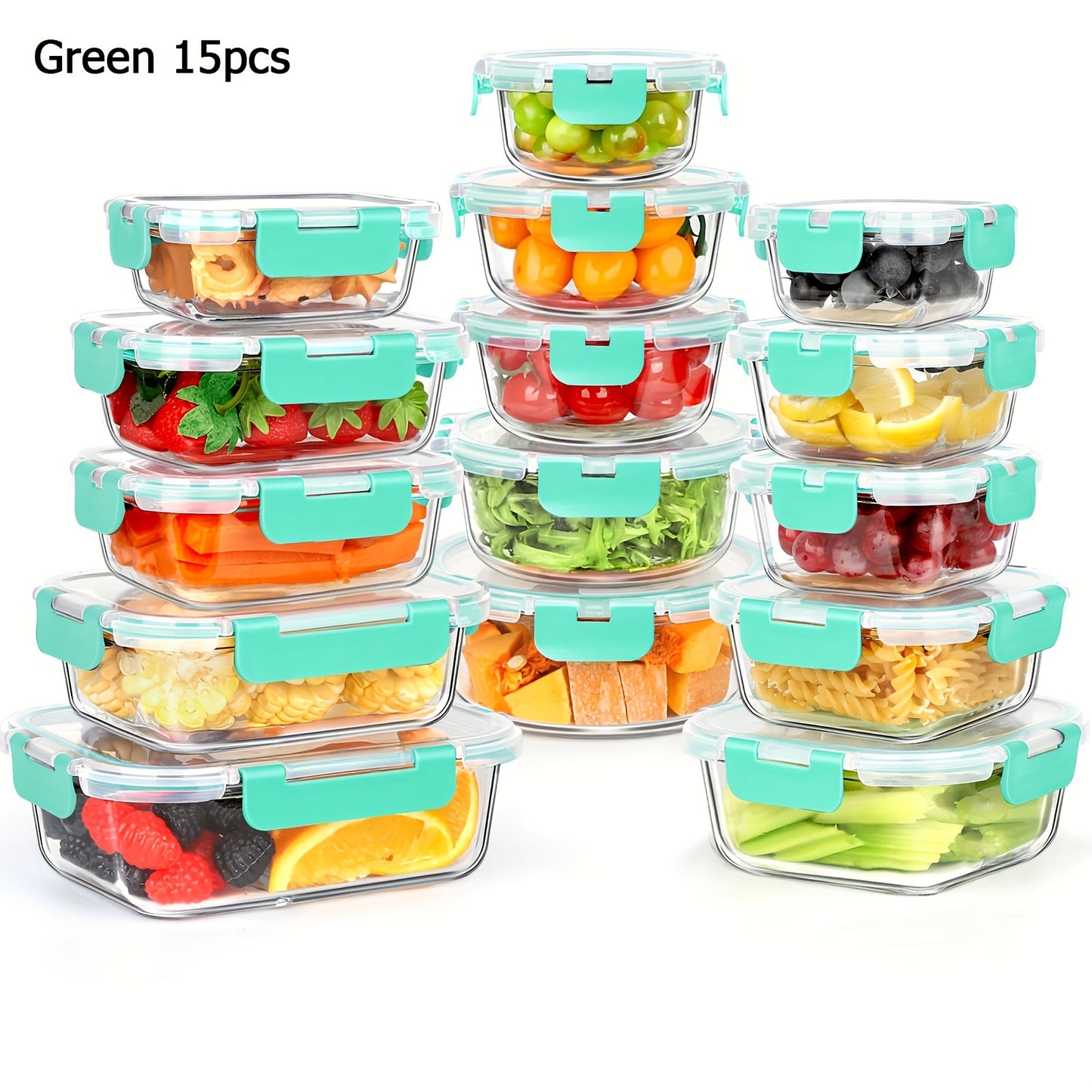 15pcs Glass Food Storage Containers with Snap Locking Lids Glass Meal Prep Containers Set - Airtight Lunch Containers, Microwave, Oven, Freezer and Dishwasher