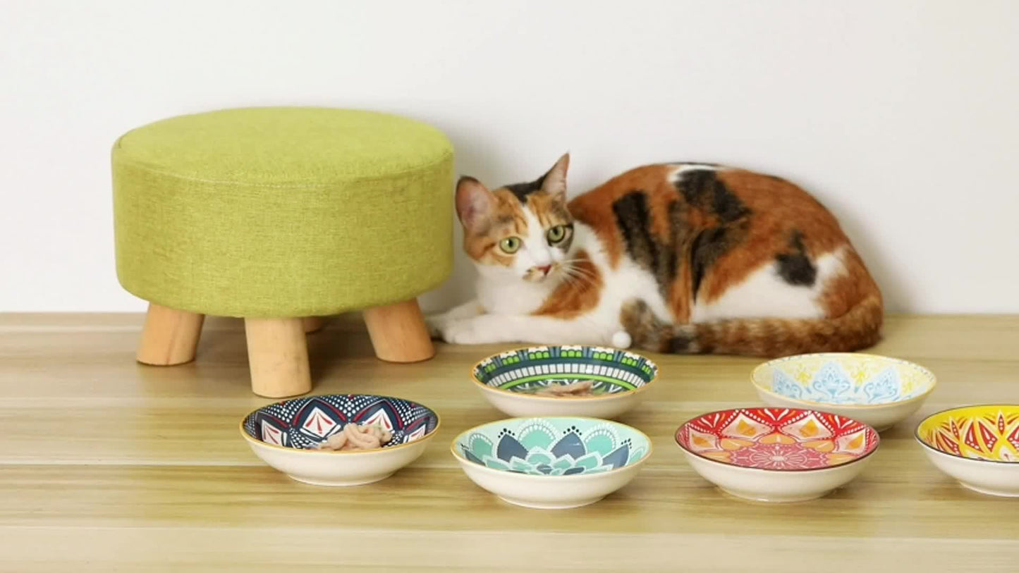 6pcs 5.5in Wide Shallow Cat Food Bowl Set -Ceramic - Colorful Cute Small Flat Kitten Feeding Dish - Microwave And Dishwasher Safe