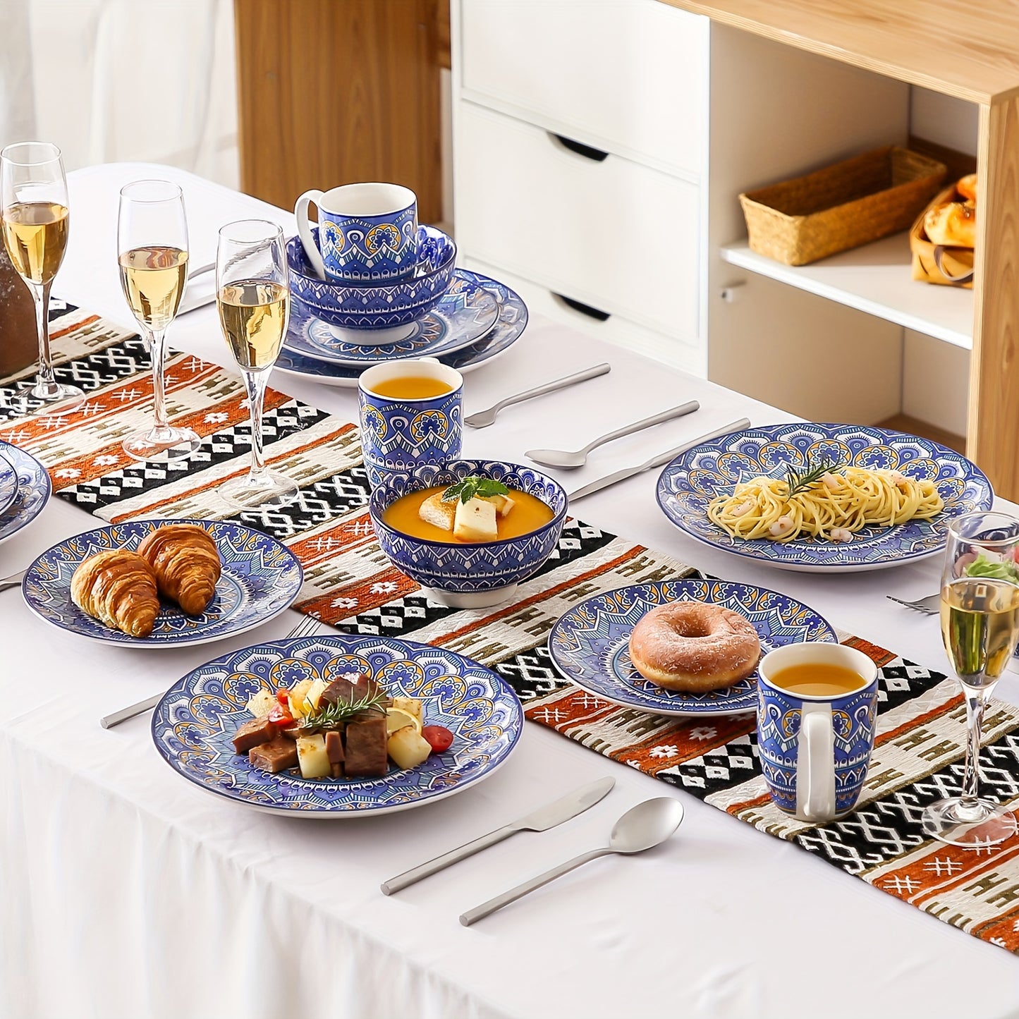 16-Piece Blue Boho Porcelain Dinnerware Set - Stylish Tableware for Home, Kitchen & Restaurant - Durable, Versatile, Serves 4 - Includes Plates, Bowls, & Cups - Microwave & Dishwasher Safe