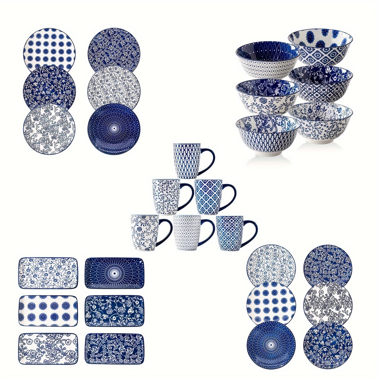Chinese style ceramic dinnerware 30 pcs set, including 8.5 inches salad plate, 10.5 inches dinner plate, 16 oz coffee mug, 8.3 inches rectangular plate, 24 oz cereal bowl each 6 pcs, microwave oven dishwasher safe, housewarmi