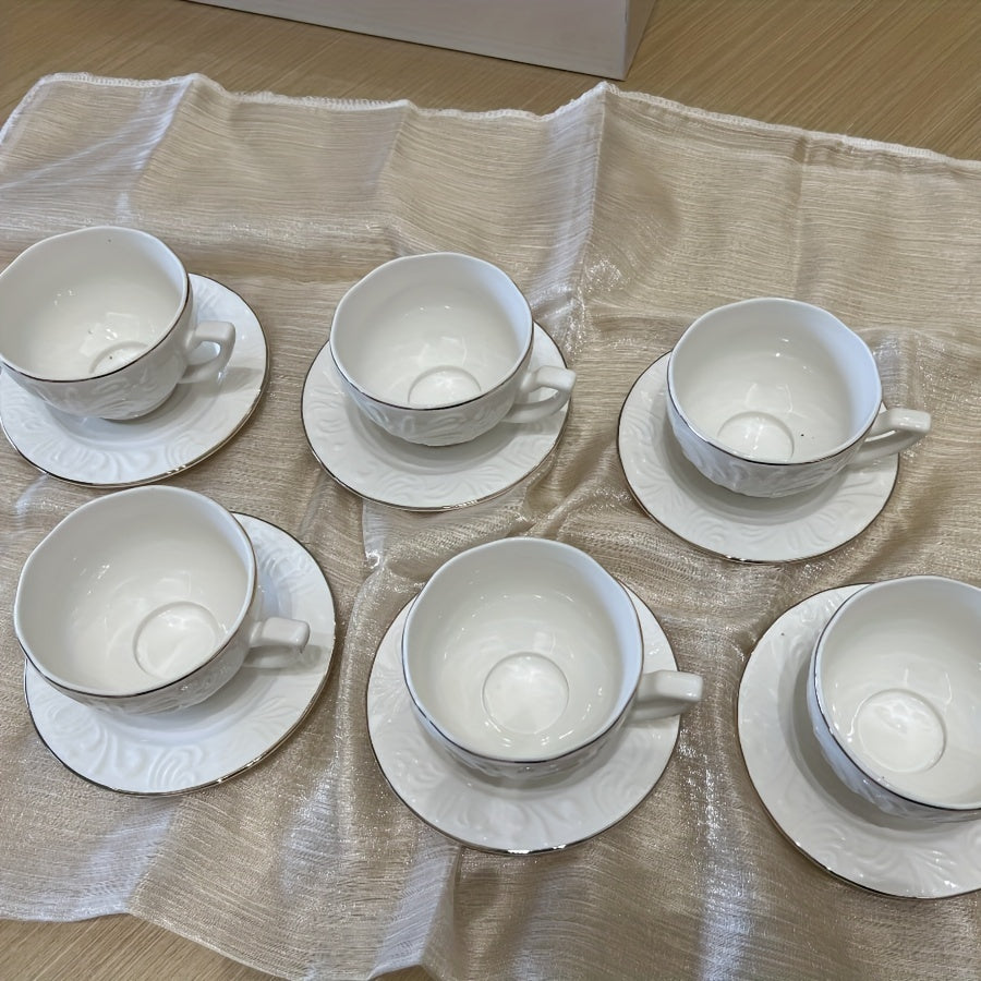 Luxury Floral Embossed Golden-Trimmed Tea Set - 6 Ceramic Cups & Saucers, Microwave Safe, Perfect for Afternoon Tea, Desserts & Gifts