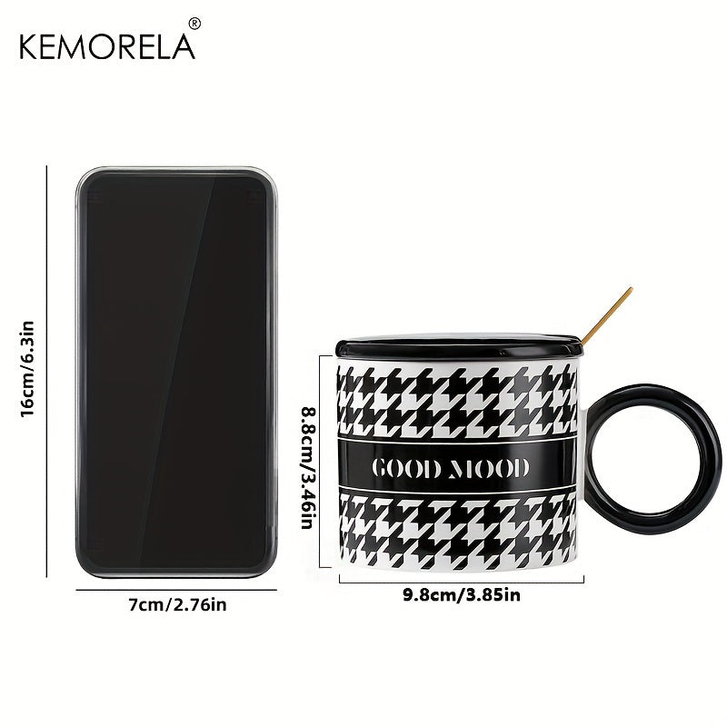 KEMORELA Ceramic Coffee Mugs Set with Lids and Spoons, Houndstooth Pattern Reusable Round Cups, Microwave Safe, Machine Wash, Multipurpose Drinkware, Ideal for Christmas, Halloween, Thanksgiving, Valentine's, Father's Day Gif