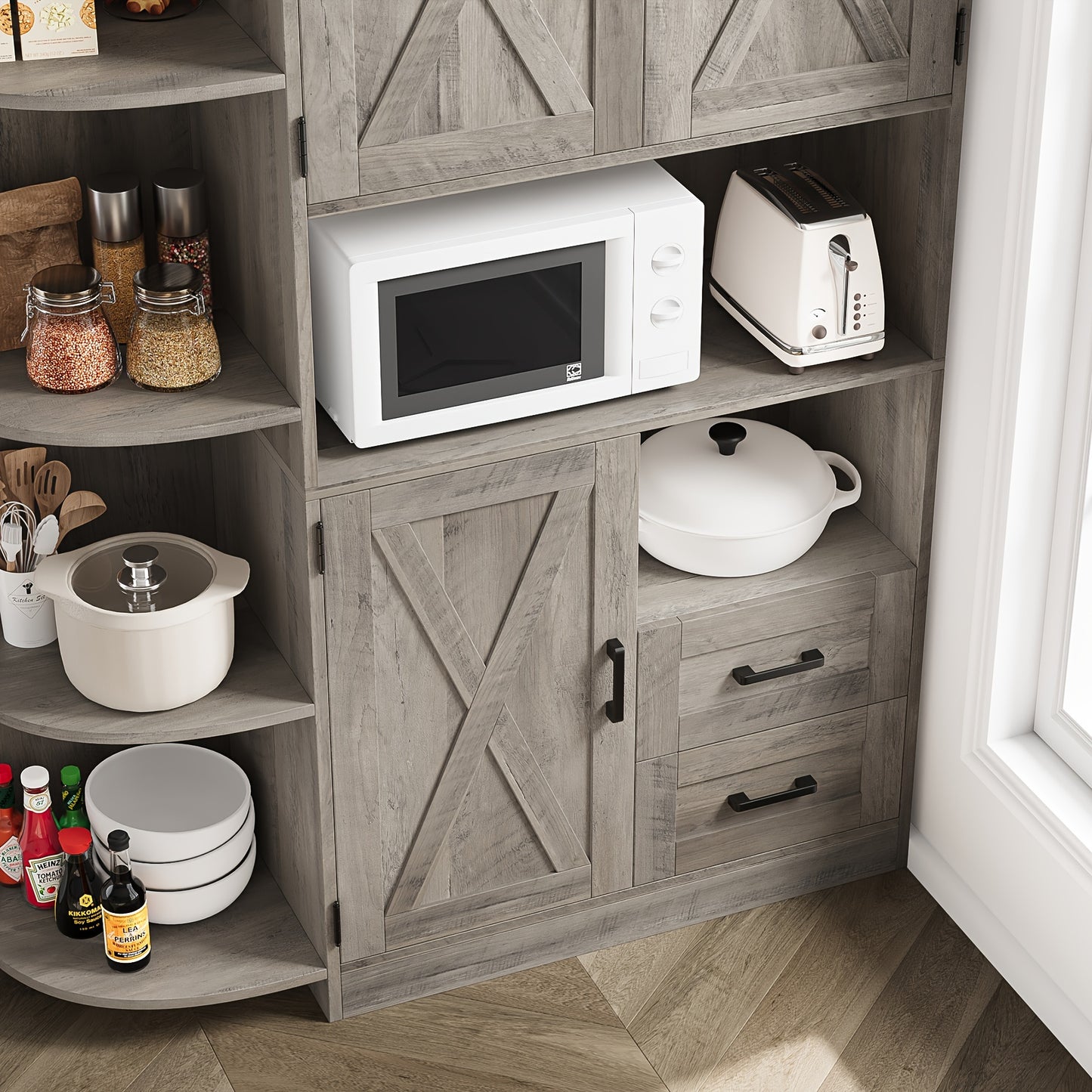 FULTRU 60.4" Farmhouse Kitchen Pantry Storage Cabinet, Freestanding Hutch with Doors & Shelves, Buffet Sideboard with Microwave Stand, Coffee Bar with Drawers, Cupboard for Dining Room, Rustic Brown
