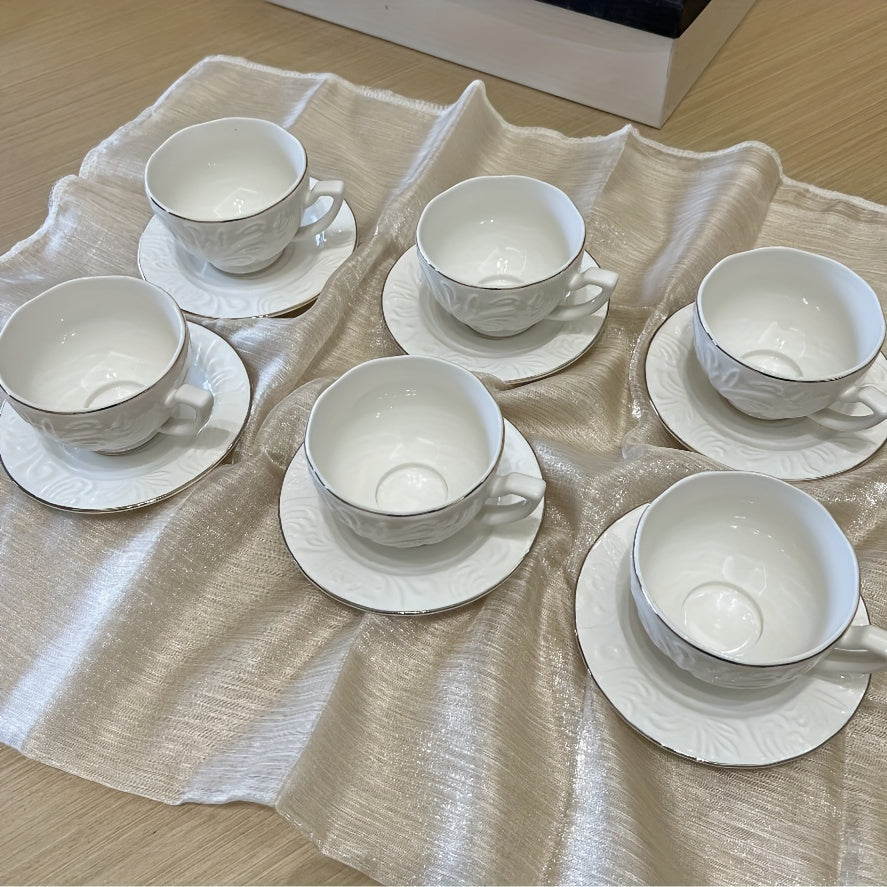 Luxury Floral Embossed Golden-Trimmed Tea Set - 6 Ceramic Cups & Saucers, Microwave Safe, Perfect for Afternoon Tea, Desserts & Gifts