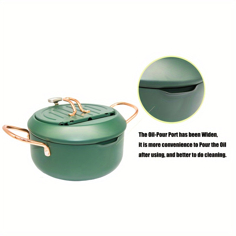 1pc Large Green Tempura Deep Fryer Pan - Non-Stick Carbon Steel with Fahrenheit Thermometer for Perfect Tempura, Chicken, Fish, Shrimp - Easy Cleaning, Durable, Space-Saving Design for Home Kitchen