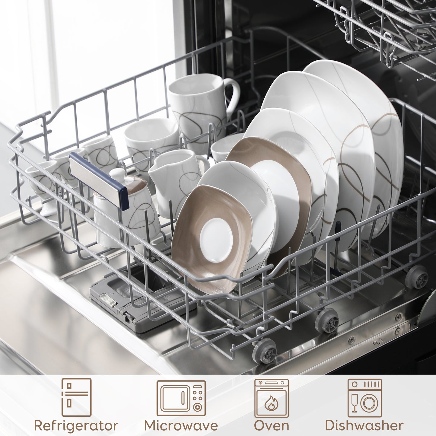 50-Piece Dinnerware Set Service for 6 Plates and Bowls Set Porcelain Tableware Dishes Set Brown Lines Patterns, Including Plates Sets, Bowls, Mugs, Egg Cups, Cup and Saucer Set, Milk Jug and Sugar Pot Set, Microwave and Dishw