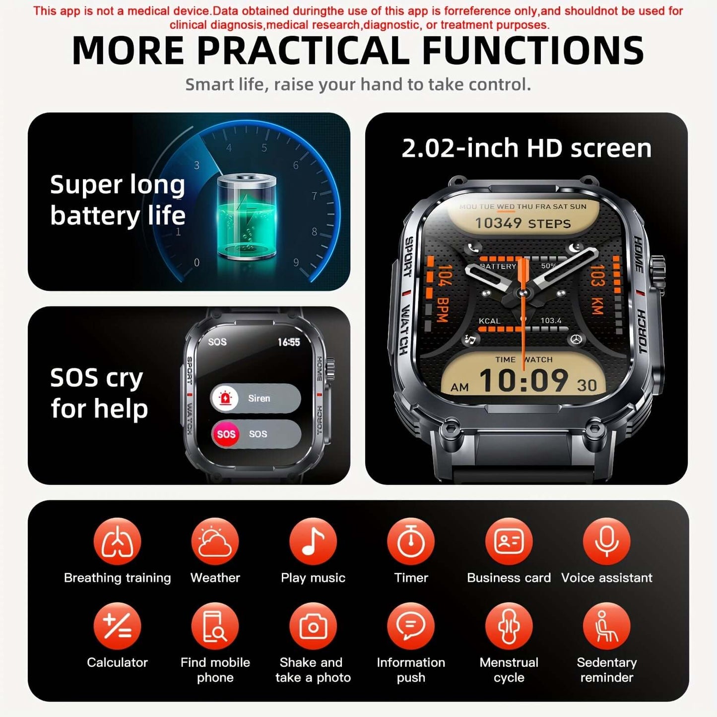 2.02" Smartwatch IP68 Waterproof for Men Women, Answer/Dial Calls Watch with LED Flashlight, Full Touch Screen Compatible with iPhone and Android Phones - Black