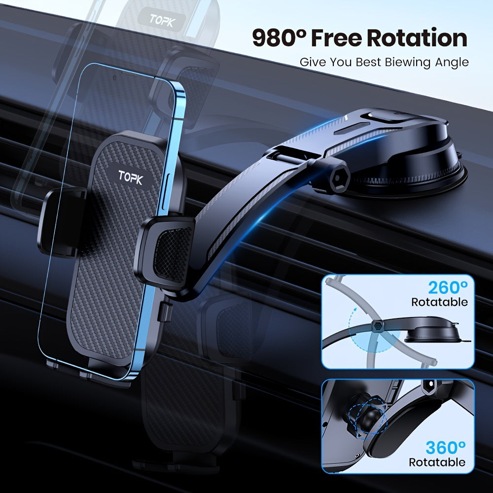 TOPK D42C Car Dashboard Phone Holder - Adjustable Vertical & Horizontal Mount, Strong Adhesion, Includes Bonus Pads, Compatible with All Phones, Waterproof ABS Material, Car Phone Mount|Sleek Car Accessory|Textured Surface Gr