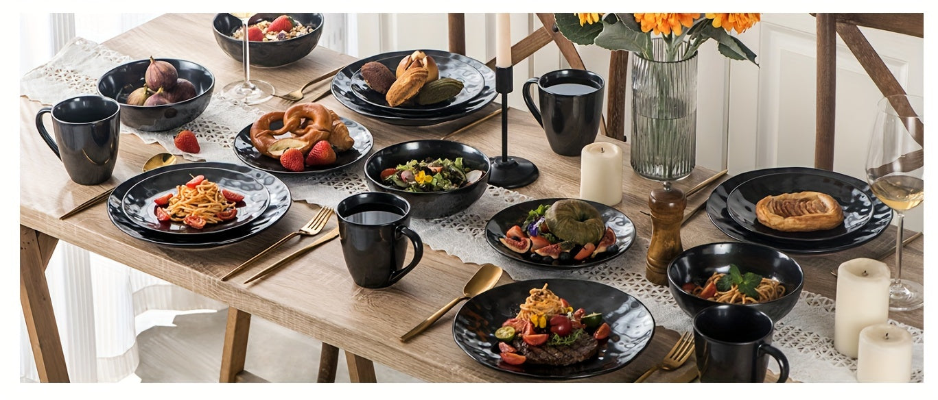 Vicrays 18 Piece Kitchen Ceramic Dinnerware Set, Ceramic Fluted Dinner Plate, Coffee Mug, Bowl Set, Microwave, Oven and Dishwasher Safe, Scratch Resistant, Suitable for Home, Parties and Restaurants (black)