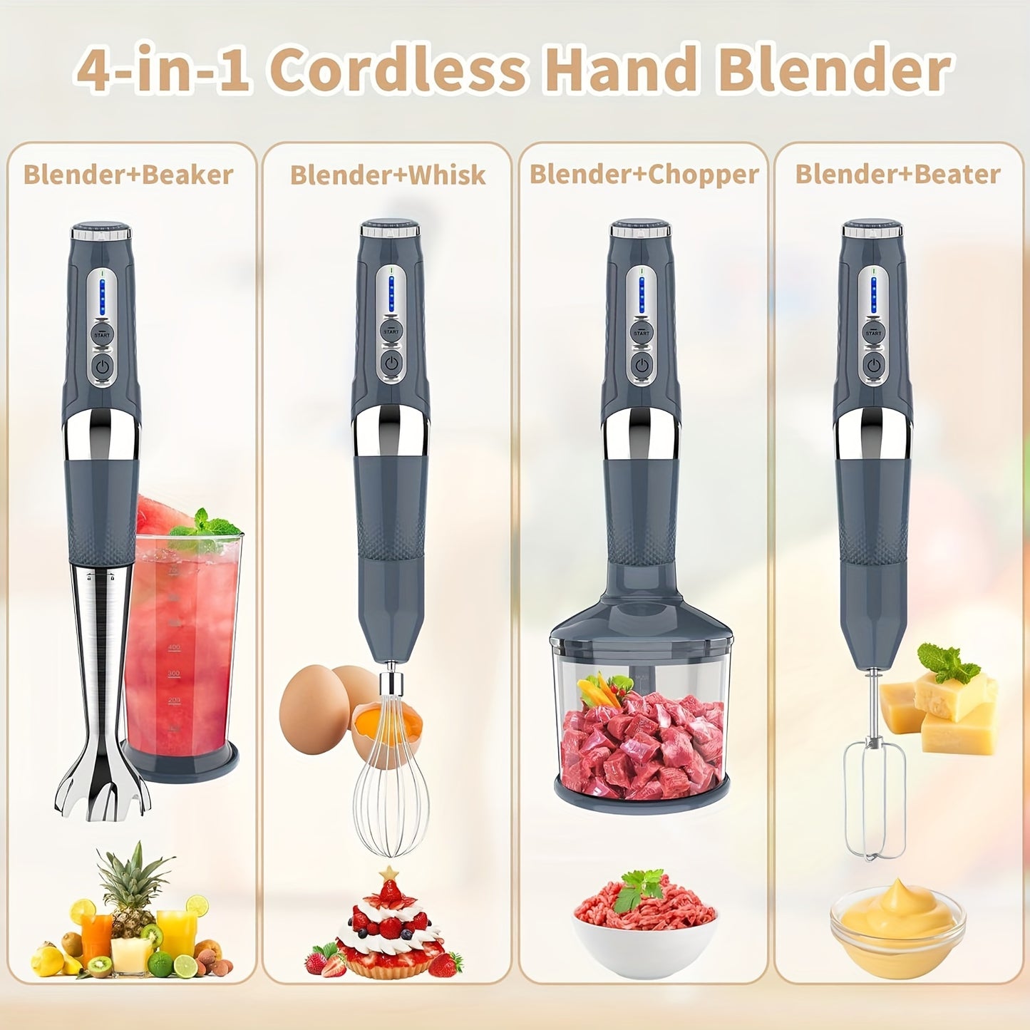 Cordless Immersion Blender, 4-in-1 Rechargeable Electric Hand Blender, 21-Speeds & 3-Angle Adjustable With 23.67oz Chopper, 23.67oz Beaker, Egg Whisk And Beater For Smoothies, Soup, Baby Food (Grey)