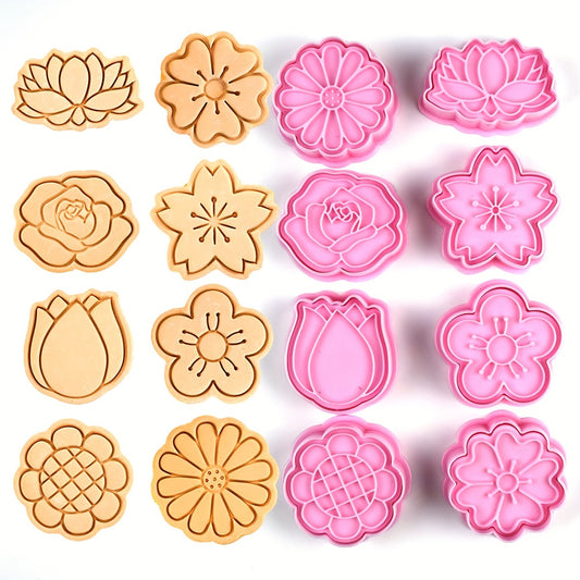 Cute 8pcs Plastic Flower Cookie Cutters - Lotus Rose Daisy Sakura Embosser Biscuit Molds - Baking Tools Kitchen Accessories