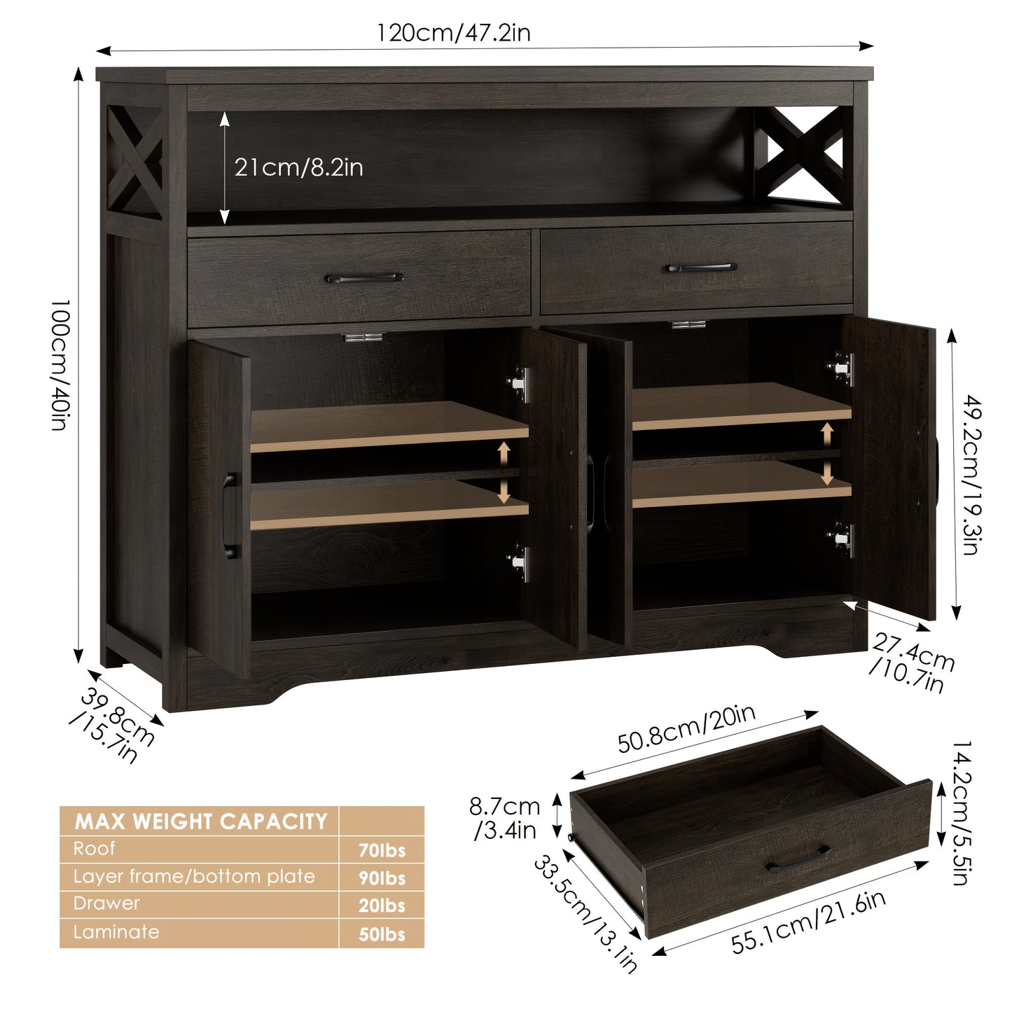 FULTRU 47" Modern Farmhouse Sideboard Buffet Cabinet, Wood Buffet Storage Cabinet with Drawers & Shelves, Large Coffee Bar Cabinet with Storage, Microwave Stand for Kitchen, Dining Room, Dark Brown, White + Rustic Brown, Whit