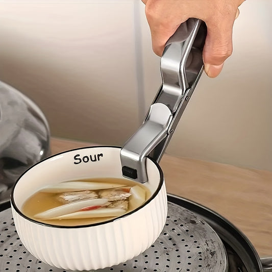1pc Stainless Steel & Silicone Anti-Scald Bowl Gripper - Multi-Functional Kitchen Hot Plate Holder, Universal Pan Dish Lifter, Food Retriever for Microwave & Oven Safe Handling