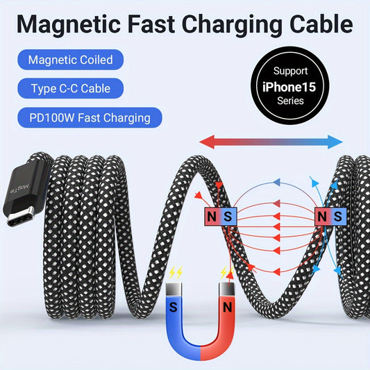 USB C Charger Cable PD 100W Magnetic Coiled Cable Retractable USB C Type Data Transfer Cable Type C Fast Charging Cord 3.3ft Nylon Braided for iPhone15 for iPad Mac Pro/Air and more Type C Charger Phones/Tablets