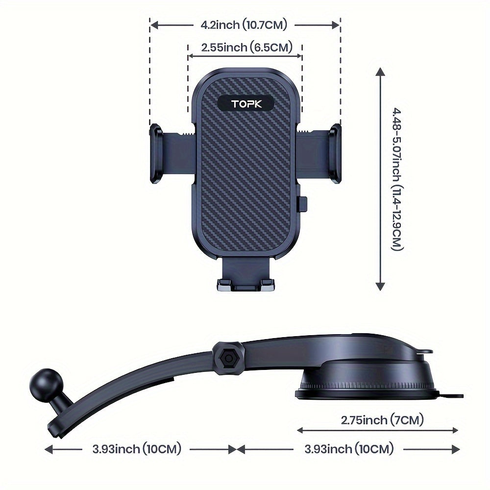 TOPK D42C Car Dashboard Phone Holder - Adjustable Vertical & Horizontal Mount, Strong Adhesion, Includes Bonus Pads, Compatible with All Phones, Waterproof ABS Material, Car Phone Mount|Sleek Car Accessory|Textured Surface Gr
