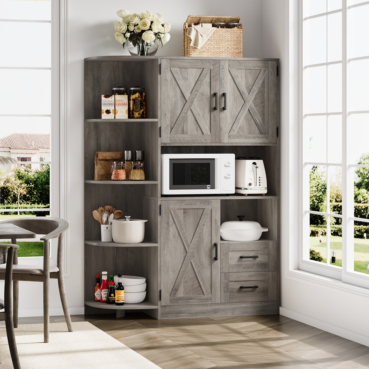 FULTRU 60.4" Farmhouse Kitchen Pantry Storage Cabinet, Freestanding Hutch with Doors & Shelves, Buffet Sideboard with Microwave Stand, Coffee Bar with Drawers, Cupboard for Dining Room, Rustic Brown