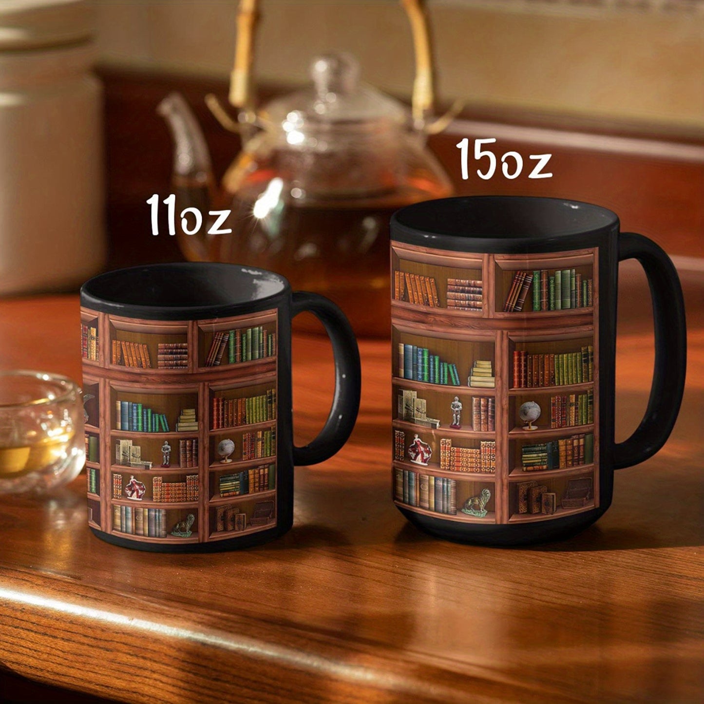 1pc, Bookworm's Delight Mug - Library Bookshelf Coffee Mug for Book Lovers - 11oz/15oz, Black, Ceramic, Dishwasher and Microwave Safe, Unique Bookish Gifts for Readers and Librarians