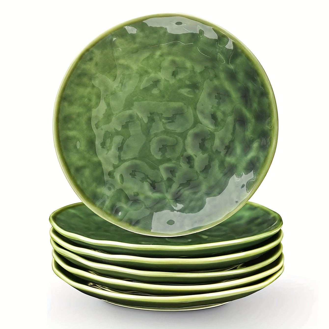 Ceramic Round Dessert Salad Plates - 8 Inch, Set of 6, Oven, Microwave, and Dishwasher Safe, Scratch Resistant, Porcelain Fluted Suitable for Appetizer, Snacks, Home, Party (Green)